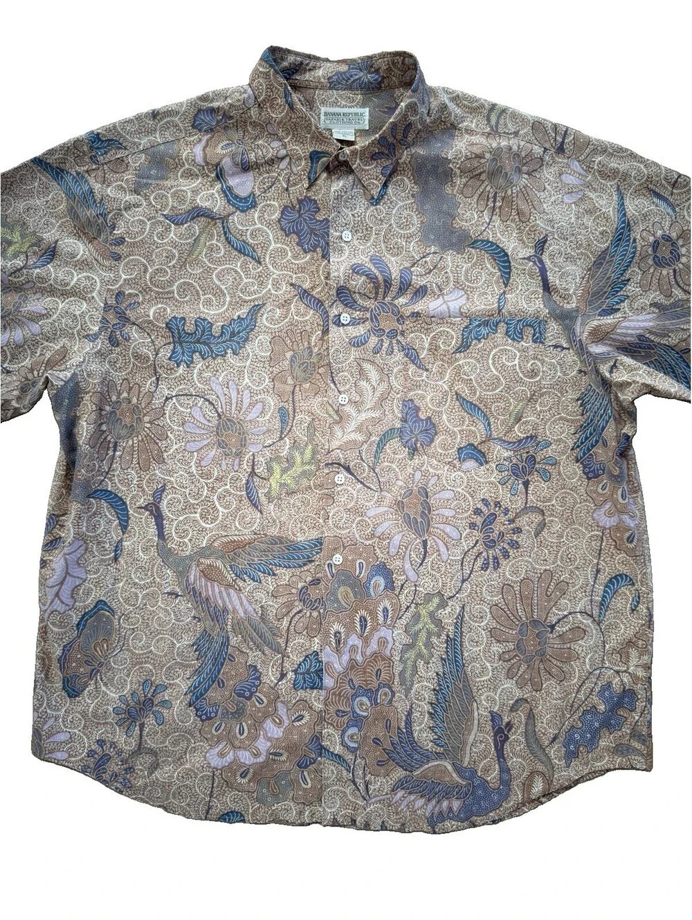 Vintage 90s Banana Republic Safari Travel Shirt XL Batik Bird Floral Hawaiian